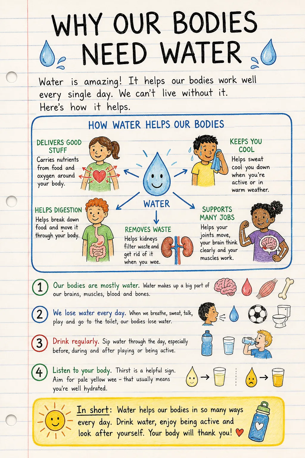 Why our bodies need water: una ficha manuscrita ilustrada de una página para primaria. El texto de la imagen está en inglés.