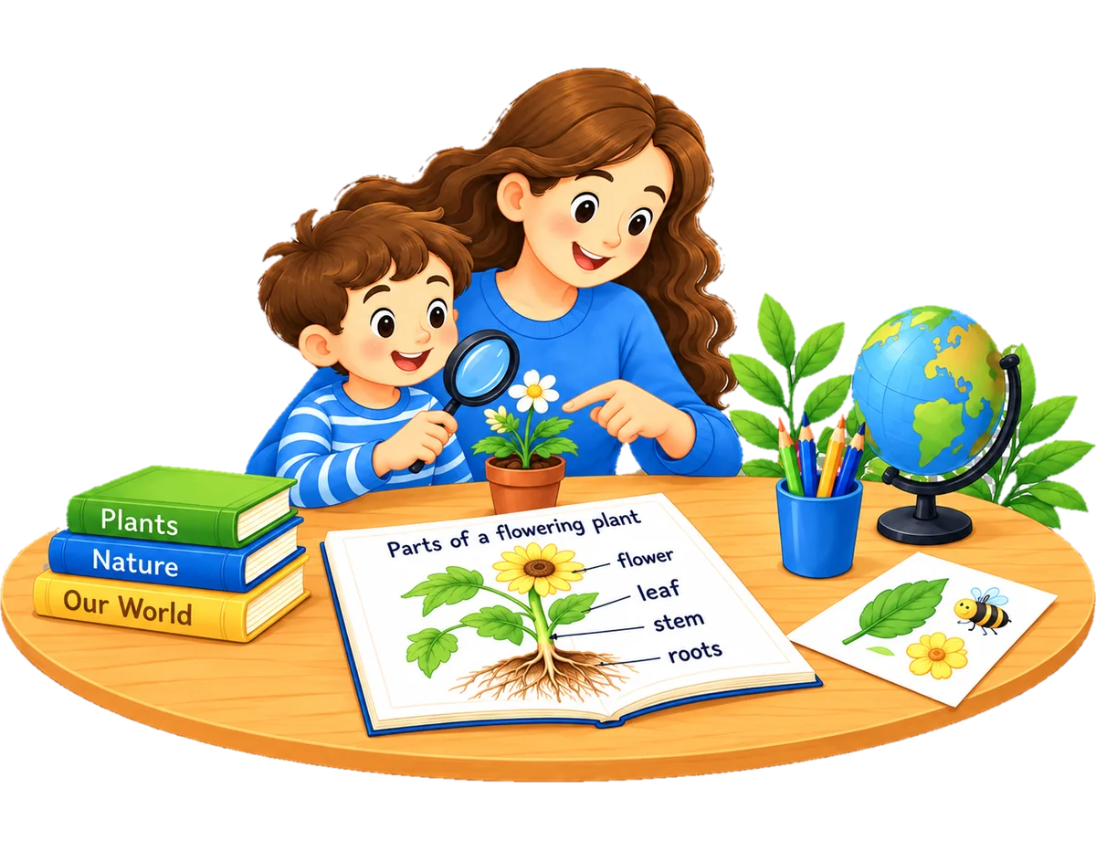 A smiling adult and a young child at a table, leaning over an open book showing a labelled drawing of a flowering plant. The child holds a magnifying glass over a potted daisy, and beside them are a stack of books, a pot of pencils, a globe and a sheet with a leaf, a bee and a flower on it.