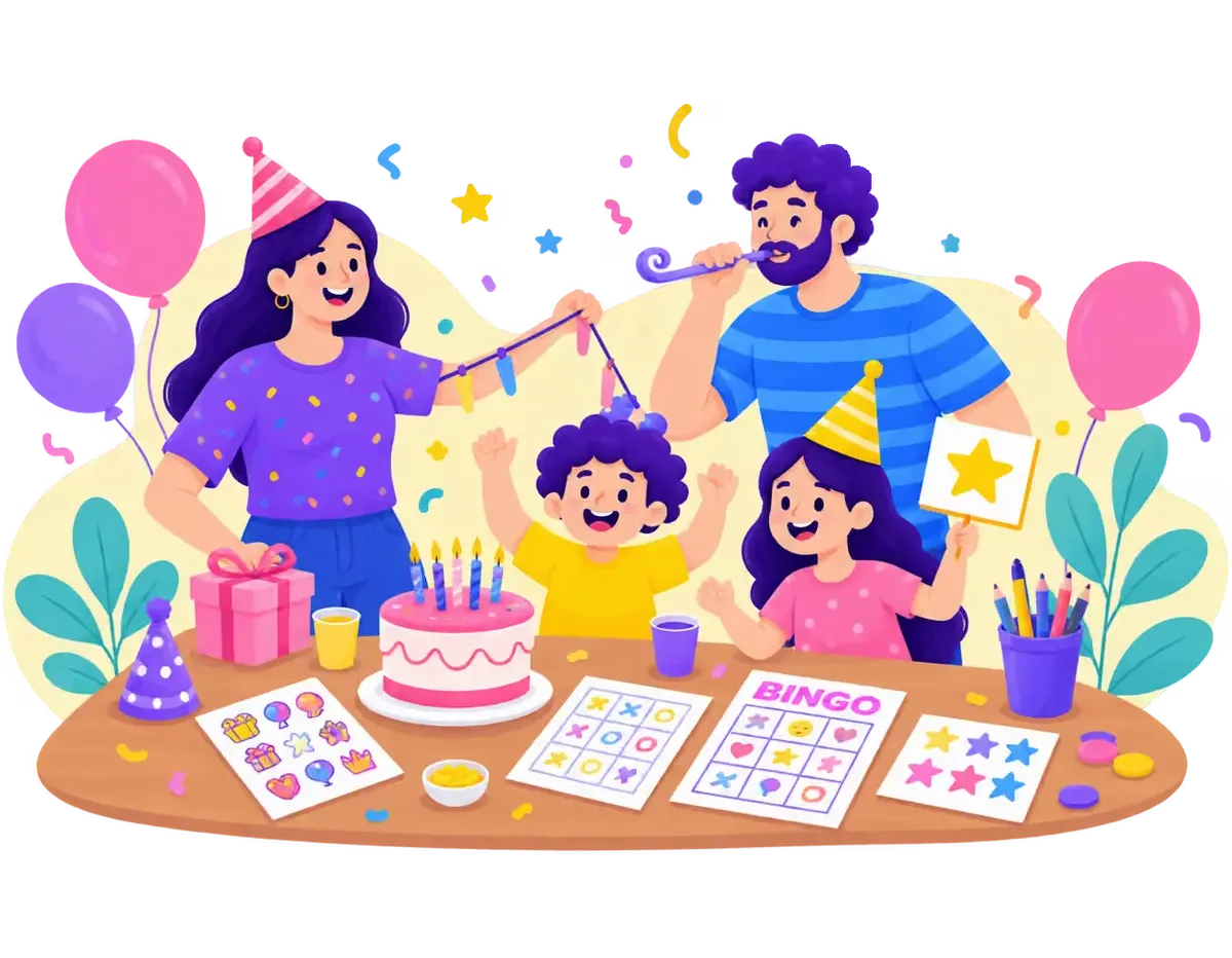 A family at a table covered in printable bingo cards, a birthday cake and balloons